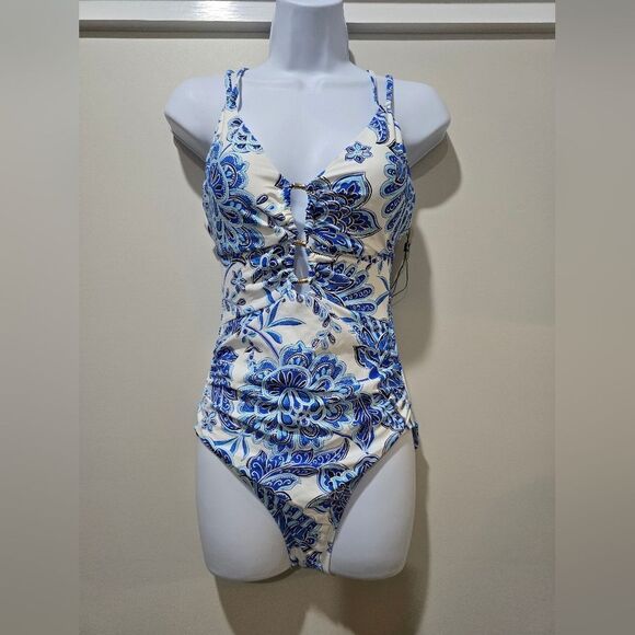 La Blanca Beyond The Pacific Underwire Lace Up One Piece NWOT Size 10 Blue/White - Picture 3 of 5